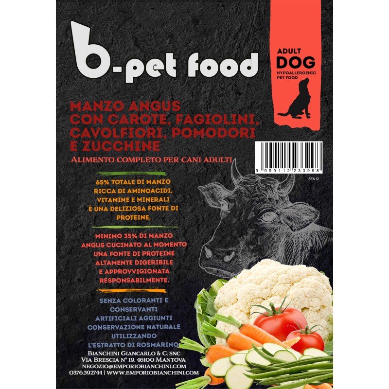 B Pet Food Superfood Adult Manzo Angus con Carote, Fagiolini, Cavolfiori, Pomodori e Zucchine