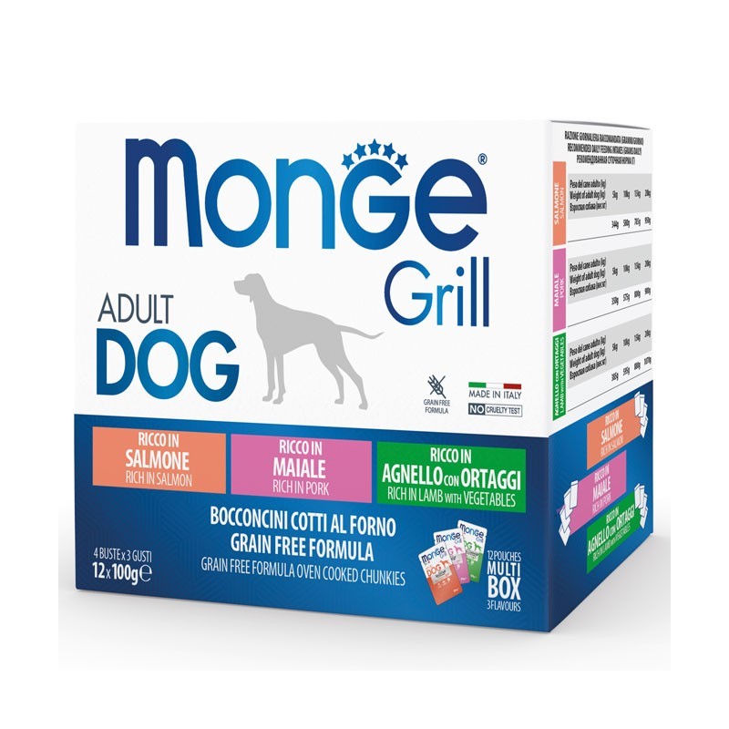 Monge Grill Multipack Buste – Agnello con Ortaggi, Maiale, Salmone 12x100 gr
