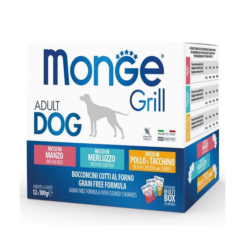 Monge Grill Multipack Buste – Pollo e Tacchino, Manzo, Merluzzo 12x100 gr