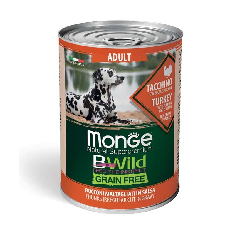 Monge Natural Super Premium Bwild Grain Free Formula All Breeds Cane Adulto Tacchino con zucca e zucchine 400 gr