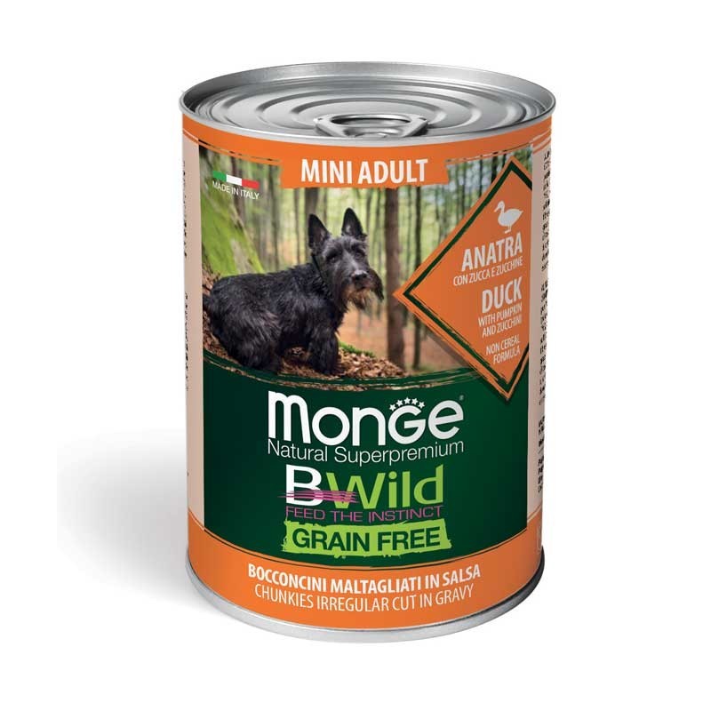 Monge Natural Super Premium Bwild Grain Free Formula Mini Cane Adulto Anatra con zucca e zucchine 400 gr