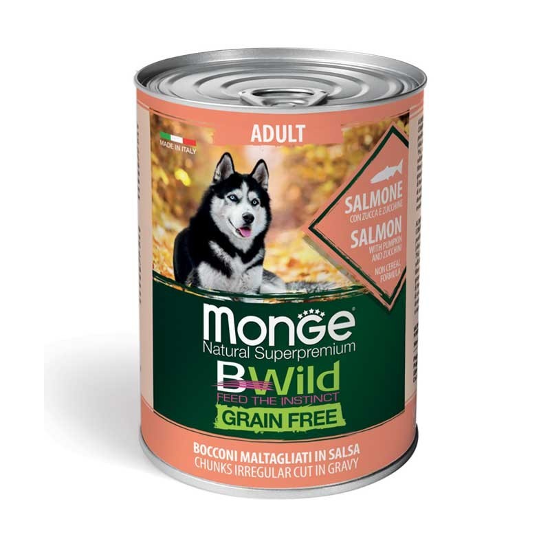 Monge Natural Super Premium Bwild Grain Free Formula All Breeds Cane Adulto Salmone con zucca e zucchine 400 gr