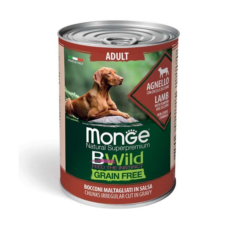 Monge Natural Super Premium Bwild Grain Free Formula All Breeds Cane Adulto Agnello con zucca e zucchine 400 gr